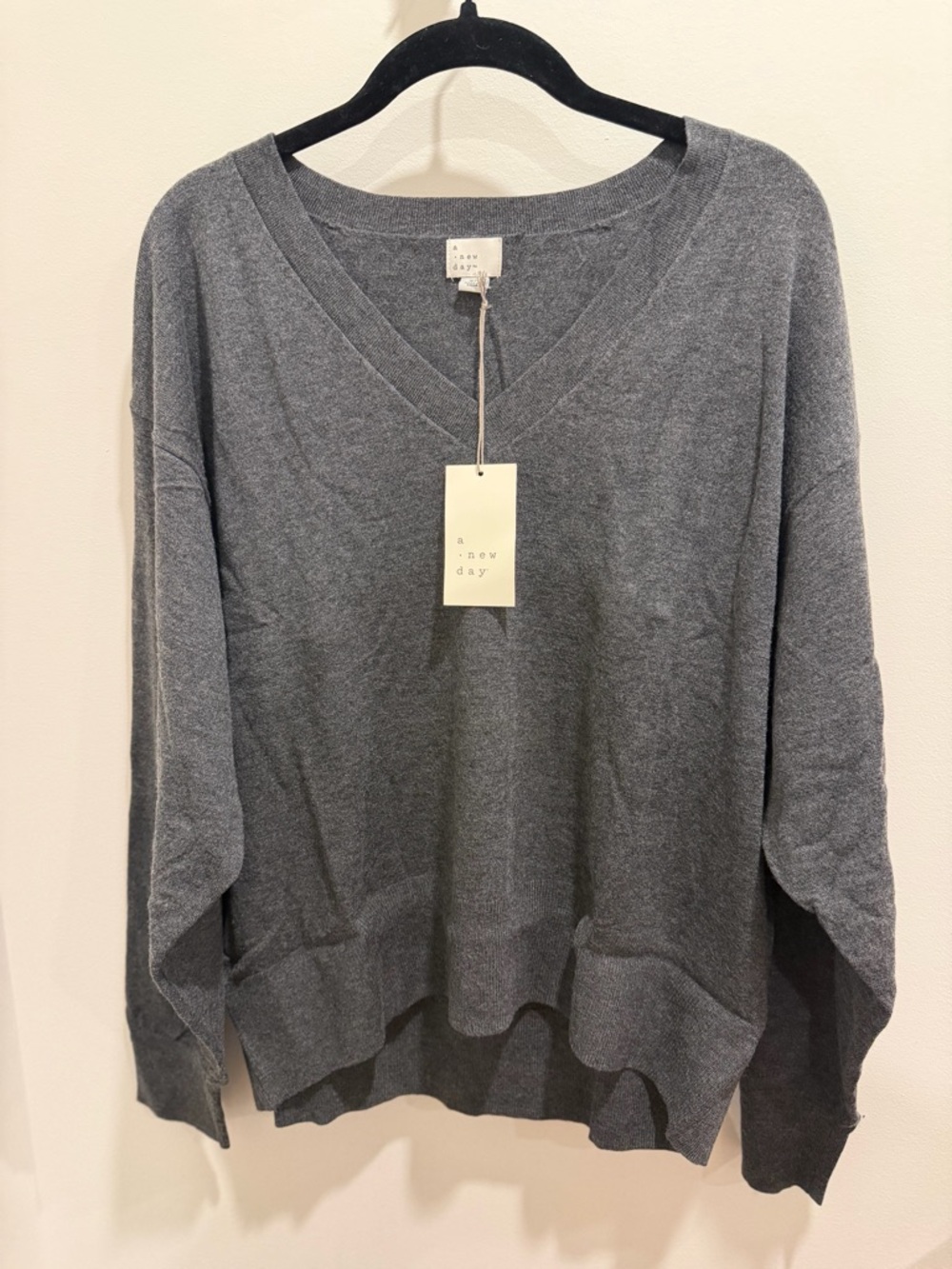 Soft Knit V-Neck Relaxed Fit Women's Sweater - Charcoal Gray by A New Day XL NWT